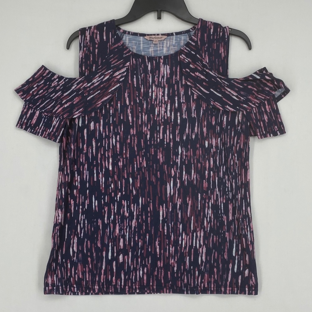 Juicy Couture Small Medium Knit Top Blue Purple Short Sleeves Cold Shoulder